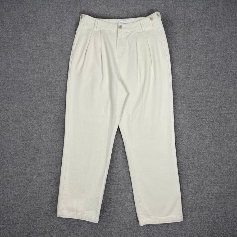 TOPSHOP High Waist Button Tab Straight Leg Pants Ecru Beige Pleat Front Cotton